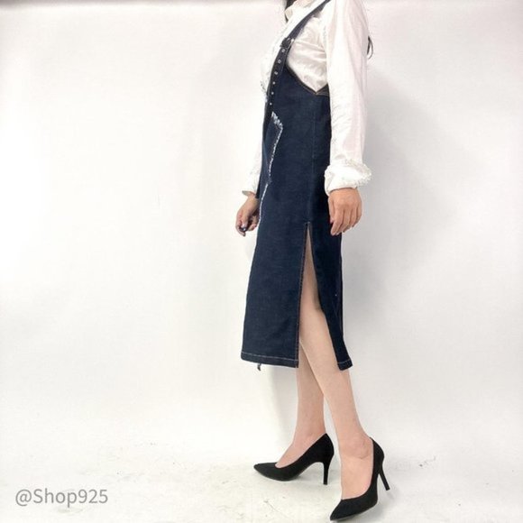 Denim Overalls Midi  Dress With Slit - Picture 6 of 6